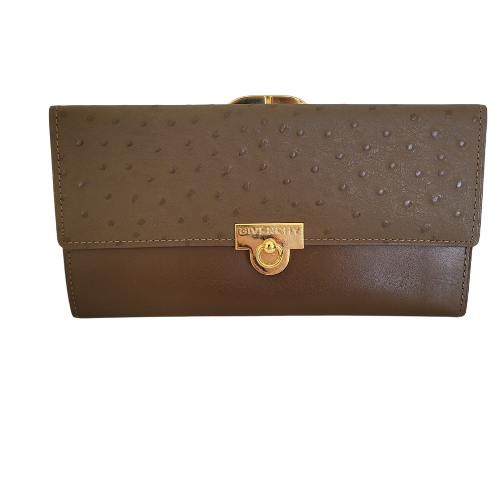Givenchy Vintage Ostrich Embossed Leather Long Wallet Taupe Brown Gold Hardware